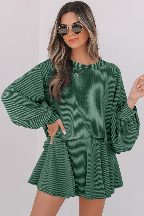 Corded Lantern Sleeve Top Ruffled Mini Skirt Two Piece Dress